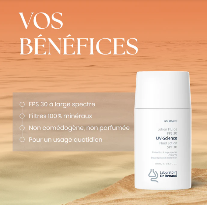 UV-science Lotion Solaire Minérale Visage à Protection Large Spectre FPS 30