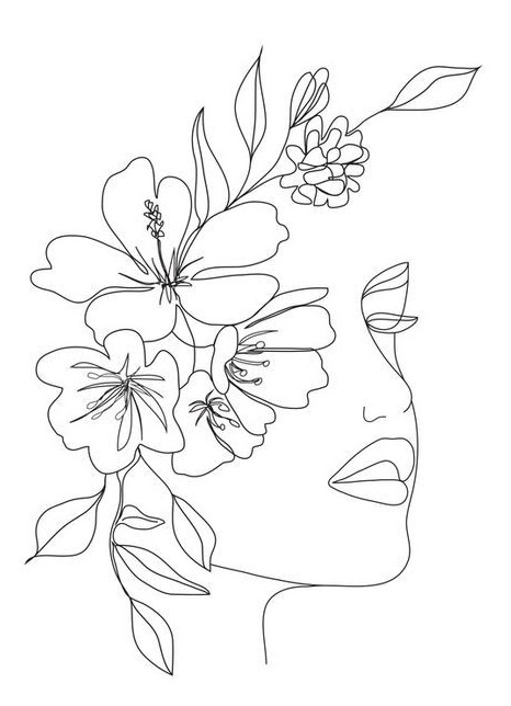 line art femme visage fleurs